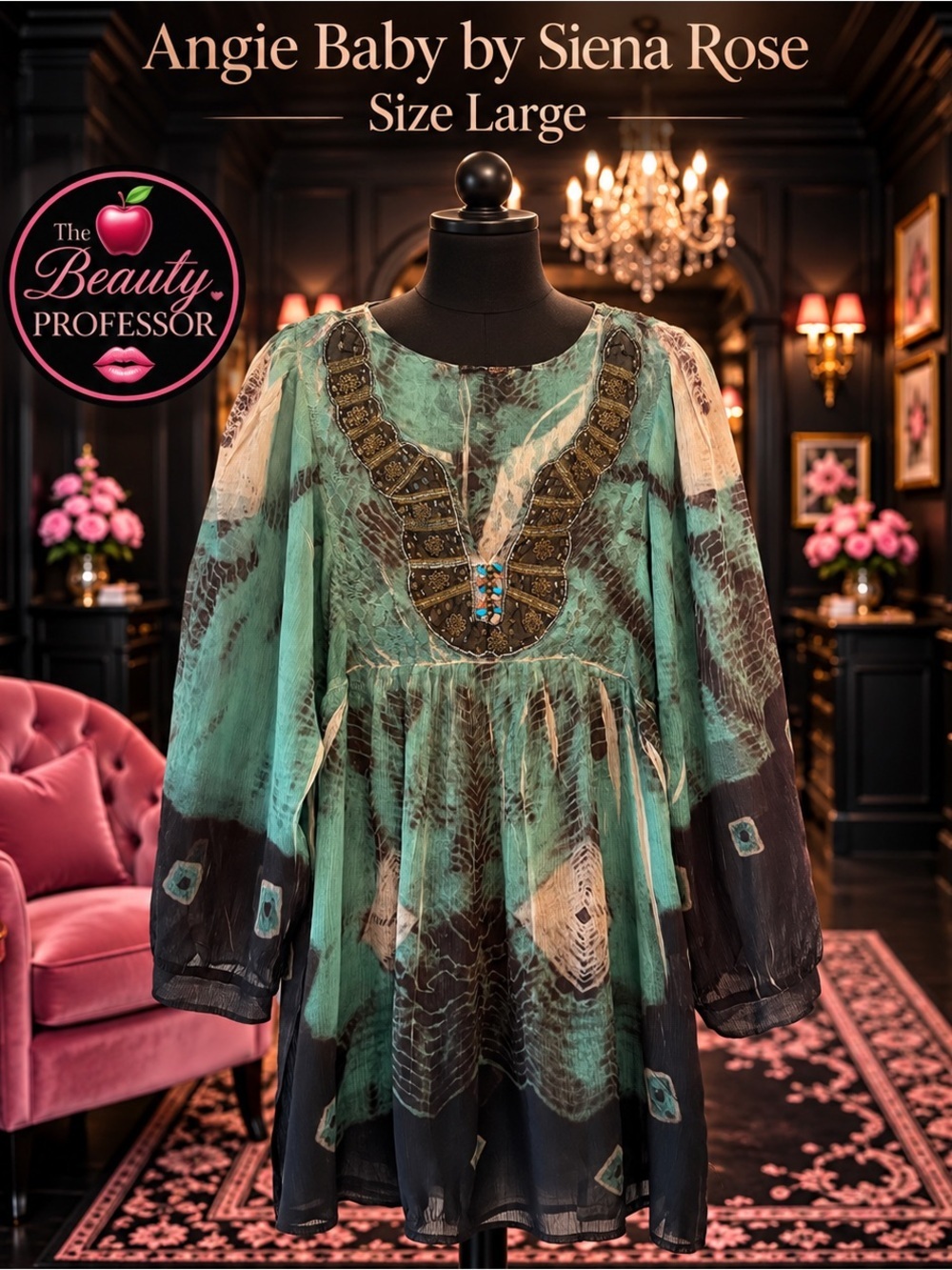 Angie Baby by Siena Rose Large Teal Embellished Boho Tunic Sheer Beaded Top